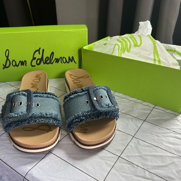 Sam Edelman Ariane Fray Blue Denim Slide Sandals - Picture 2 of 11